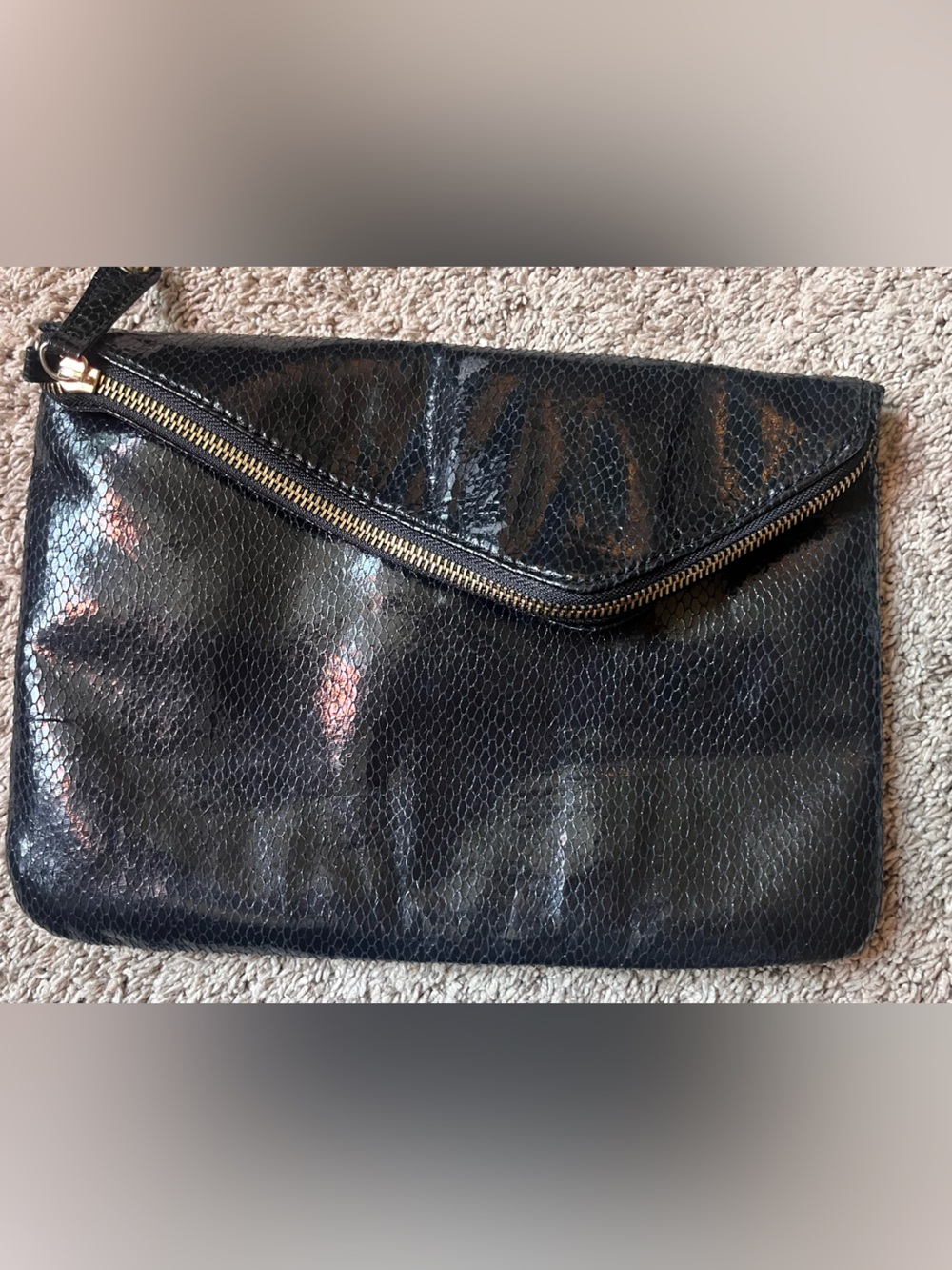Aldo Black Textured Envelope Clutch with Gold Zip